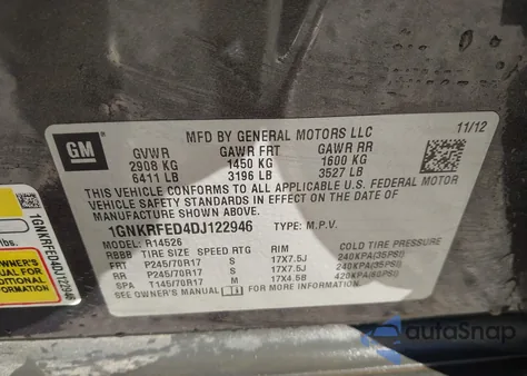 2013 Chevrolet Traverse Ls из США, поврежденный, VIN 1GNKRFED4DJ122946